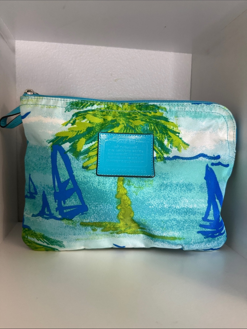 S Coach Turquoise & Lime Tropical Print Cosmetic Pouch